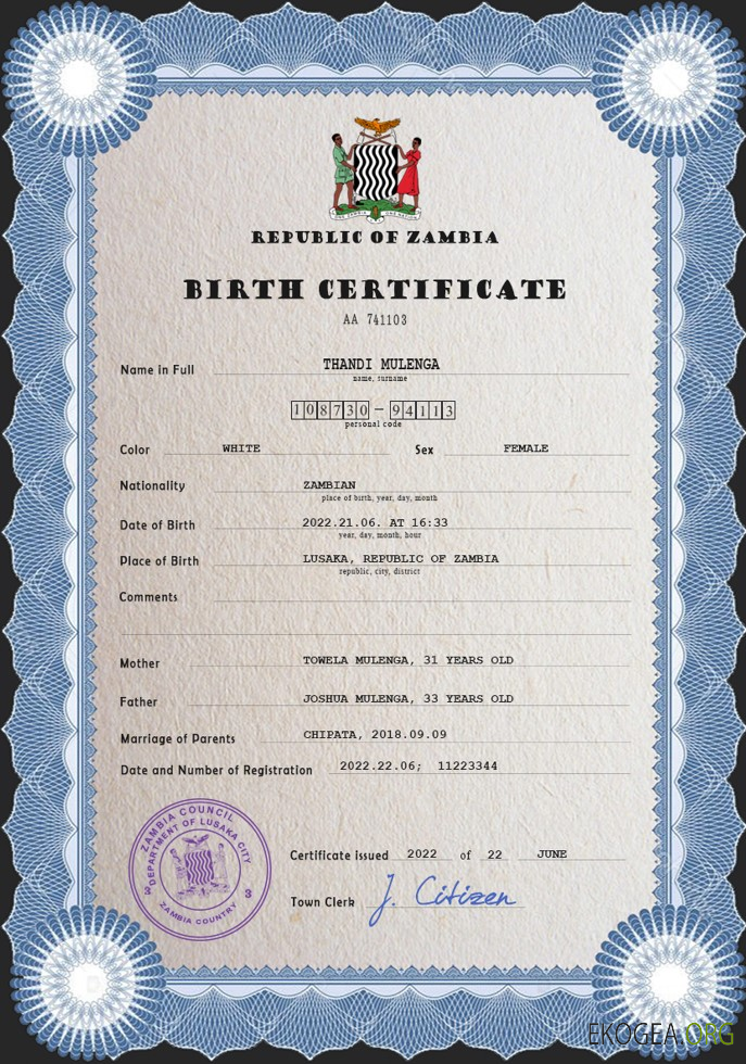 Modèle PSD de certificat de naissance d'état civil de Zambie